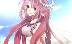 Rule 34 | 1girl, angel wings, bad id, bad pixiv id, breasts, closed mouth, spiked halo, crop top, feathered wings, gloves, hachimitsu honey, halo, jibril (no game no life), large breasts, long hair, looking at viewer, low wings, magic circle, midriff, no game no life, pink eyes, pink hair, sideboob, smile, solo, very long hair, white wings, wing ears, wings