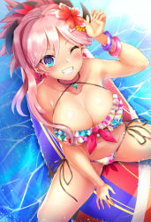 Rule 34 | 1girl, alternate costume, asymmetrical hair, bikini, blue eyes, bracelet, breasts, collarbone, earrings, fate/grand order, fate (series), flower, hair flower, hair ornament, highres, jewelry, large breasts, leaf print, looking at viewer, magatama, magatama necklace, miyamoto musashi (fate), miyamoto musashi (storms and waves) (fate), multicolored bikini, multicolored clothes, navel, necklace, one eye closed, pink hair, ponytail, red flower, samoore, side-tie bikini bottom, sitting, smile, solo, storms and waves, surfboard, swimsuit