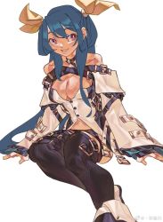 Rule 34 | 1girl, bad id, bad pixiv id, bare shoulders, black choker, black panties, black thighhighs, blue hair, breasts, choker, cleavage, detached sleeves, dizzy (guilty gear), guilty gear, guilty gear xrd, hair ribbon, hair rings, highres, invisible chair, large breasts, legs together, long hair, navel, panties, red eyes, revealing clothes, ribbon, sitting, skindentation, smile, solo, thigh strap, thighhighs, two side up, underwear, white background, xu sanchuan, yellow ribbon