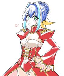 Rule 34 | 10s, 1girl, alternate hairstyle, blue hair, cosplay, dress, epaulettes, fate/extra, fate (series), green hair, hand on own hip, huffing, kaya rio, looking at viewer, multicolored hair, nero claudius (fate), nero claudius (fate) (all), nero claudius (fate/extra), nero claudius (fate/extra) (cosplay), red dress, serena (yu-gi-oh!), sketch, solo, two-tone hair, white background, yu-gi-oh!, yu-gi-oh! arc-v