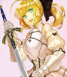 Rule 34 | 1girl, :d, ahoge, armor, armored dress, artoria pendragon (all), artoria pendragon (fate), black bow, blonde hair, bow, breastplate, caliburn (fate), darumaya (rikky potty), detached sleeves, dress, excalibur (fate/stay night), fate/unlimited codes, fate (series), gauntlets, green eyes, grey background, hair bow, holding, holding sword, holding weapon, long hair, open mouth, petals, ponytail, saber lily, short sleeves, simple background, sleeveless, sleeveless dress, smile, solo, sword, weapon, white dress