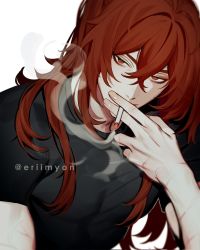 Rule 34 | 1boy, between fingers, cigarette, commentary, diluc (genshin impact), eriimyon, genshin impact, hair between eyes, highres, holding, holding cigarette, long hair, looking at viewer, male focus, mouth hold, red eyes, red hair, scar, simple background, smoke, smoking, solo, symbol-only commentary, upper body, white background