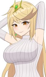 Rule 34 | 1girl, bare shoulders, blush, breasts, gem, hair ornament, highres, large breasts, long hair, long sleeves, looking at viewer, mythra (xenoblade), ribbed sweater, smile, solo, sweater, white background, xenoblade chronicles (series), xenoblade chronicles 2, xenoblade chronicles 2: torna - the golden country, yissou art