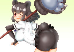 Rule 34 | 1girl, animal ears, arched back, ass, bear ears, bear girl, paw stick, bear tail, bent over, bike shorts, bike shorts under skirt, blush, breasts, brown bear (kemono friends), brown eyes, clothing cutout, cowboy shot, elbow gloves, extra ears, eyes visible through hair, fingerless gloves, floating hair, from side, gloves, hakumaiya, highres, kemono friends, large breasts, looking at viewer, medium hair, microskirt, one eye closed, open mouth, over shoulder, pantylines, shirt, short sleeves, sidelocks, skirt, smile, solo, tail, tail through clothes, v, weapon, weapon over shoulder, white shirt