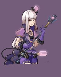 Rule 34 | 1girl, absurdres, adapted weapon, black bra, bra, chest jewel, cosplay, cowboy shot, fire emblem, fire emblem: three houses, gloves, hat, highres, holding, holding staff, long hair, looking at viewer, lysithea von ordelia, mini hat, mini top hat, nintendo, open clothes, pandoria (xenoblade), pandoria (xenoblade) (cosplay), pink eyes, puffy short sleeves, puffy sleeves, purple background, purple gloves, purple shorts, saiykik, short sleeves, shorts, smile, solo, staff, tail, top hat, underwear, white hair, xenoblade chronicles (series), xenoblade chronicles 2