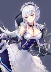 Rule 34 | 1girl, apron, azur lane, bad id, bad pixiv id, belfast (azur lane), blue background, blue eyes, breasts, chain, cleavage, closed mouth, collar, curtsey, frilled apron, frills, gauntlets, half-closed eyes, hands up, kyoeiki, large breasts, long hair, looking at viewer, maid, maid headdress, simple background, smile, solo, tsurime, turret, white hair