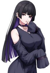Rule 34 | 1girl, absurdres, black choker, black hair, blunt bangs, bocchi the rock!, breasts, chin piercing, choker, clothing cutout, colored inner hair, dress, ear piercing, goth fashion, highres, kushinaka, large breasts, long hair, multicolored hair, pa-san, piercing, purple hair, shoulder cutout, simple background, sleeves past fingers, sleeves past wrists, solo, two-tone, white background