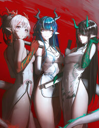 Rule 34 | 3girls, absurdres, arknights, bare shoulders, black hair, blue eyes, blue hair, breasts, china dress, chinese clothes, colored skin, commentary request, covered navel, dragon girl, dragon horns, dragon tail, dress, dusk, dusk (arknights), earrings, ears visible through hair, ganet p, gloves, green hair, green skin, hair over one eye, hand fan, highres, holding, holding fan, horns, jewelry, light smile, ling (arknights), long hair, looking at viewer, medium breasts, medium hair, multicolored hair, multiple girls, nian (arknights), pointy ears, purple eyes, red background, red eyes, red hair, red skin, siblings, sidelocks, sisters, sleeveless, sleeveless dress, streaked hair, tail, tassel, tassel earrings, thighs, very long hair, white gloves, white hair