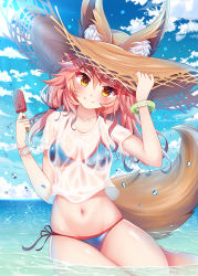 Rule 34 | 1girl, animal ears, bikini, blue bikini, blush, breasts, cleavage, collarbone, day, ears through headwear, fate/grand order, fate (series), food, fox ears, fox tail, groin, hat, highres, ice cream, long hair, looking at viewer, medium breasts, ocean, outdoors, pink hair, see-through, shirt, side-tie bikini bottom, sitting, smile, solo, straw hat, sun hat, swimsuit, tail, tamamo (fate), tamamo no mae (fate/extra), tamamo no mae (swimsuit lancer) (fate), tamamo no mae (swimsuit lancer) (second ascension) (fate), wet, wet clothes, wet shirt, yellow eyes