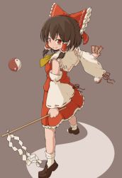 Rule 34 | 1girl, ankle socks, between fingers, bow, brown hair, commentary request, detached sleeves, frills, full body, gohei, grey background, hair bow, hair tubes, hakurei reimu, holding, loafers, looking at viewer, nontraditional miko, ofuda, orb, red bow, red eyes, red skirt, ribbon-trimmed sleeves, ribbon trim, shide, shoes, short hair, skirt, smile, socks, solo, standing, touhou, turnip kabura, white socks, yellow neckwear, yin yang, yin yang orb