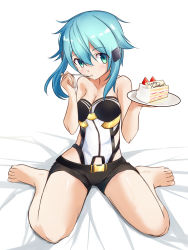 Rule 34 | 1girl, a-senmei, bare arms, bare legs, bare shoulders, barefoot, belt, black belt, blue eyes, blue hair, breasts, cake, cleavage, commentary request, eating, food, fork, green eyes, hair between eyes, hair ornament, hairclip, highres, looking at viewer, medium breasts, plate, short hair, short shorts, shorts, sidelocks, simple background, sinon, sitting, solo, sword art online, white background