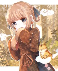 Rule 34 | 1girl, absurdres, animal, bamboo, blue eyes, blue ribbon, braid, brown dress, brown ribbon, china dress, chinese clothes, clothing request, cloud, dot nose, dress, earrings, foliage, hair ribbon, hand to own mouth, highres, jewelry, lantern, lantern earrings, leaf, letterboxed, light blush, light brown background, light brown hair, looking to the side, mokunoki, new year, on cloud, original, paper lantern, ribbon, signature, sitting, sleeves past wrists, tiger, tiger cub, tongue, tongue out, twin braids, twitter username, very long sleeves, wide sleeves