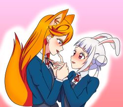 Rule 34 | 2girls, absurdres, animal ears, arashi chisato, artist name, artist request, blue cardigan, blue jacket, blush, bow, bowtie, breasts, buttons, cardigan, collared shirt, cropped jacket, double bun, dress, dress shirt, female focus, finger to another&#039;s mouth, fox ears, fox tail, grey shirt, hair bun, hair tie, hand on chest, highres, jacket, long hair, long sleeves, looking at viewer, love live!, love live! superstar!!, multiple girls, neck ribbon, nose blush, orange hair, parted lips, pink background, purple eyes, red bow, red eyes, red ribbon, ribbon, school uniform, shibuya kanon, shirt, smile, tail, tongue, tongue out, twintails, upper body, white hair, white shirt, wing collar, yuigaoka school uniform