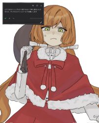 Rule 34 | 1girl, anger vein, bow, capelet, closed mouth, dress, fur-trimmed capelet, fur trim, gloves, green eyes, hair bow, hand up, highres, hiperika, holding, holding sack, ishmael (project moon), limbus company, long hair, looking at viewer, low twintails, orange hair, project moon, red capelet, red dress, sack, santa costume, simple background, solo, twintails, upper body, very long hair, white background, white bow, white gloves