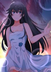 Rule 34 | 1girl, absurdres, ahoge, bare arms, bare shoulders, blue dress, blue eyes, blush, breasts, cleavage, closed mouth, collarbone, dress, evening, gradient sky, highres, jksfs, long hair, looking at viewer, outdoors, sky, small breasts, solo, standing, star (sky), starry sky, yahari ore no seishun lovecome wa machigatteiru., yukinoshita yukino
