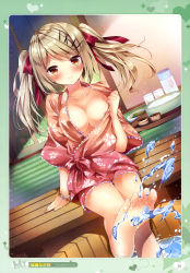 Rule 34 | 1girl, absurdres, arm support, barefoot, blush, bracelet, breasts, brown eyes, brown hair, cleavage, collarbone, dutch angle, feet, floating hair, foreshortening, hair ornament, hair ribbon, highres, jewelry, large breasts, long hair, looking at viewer, nogi takayoshi, original, red ribbon, ribbon, sitting, smile, soles, solo, toes, twintails