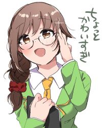 Rule 34 | 1girl, bespectacled, blush, braid, breasts, brown eyes, brown hair, clipboard, dot nose, formal, glasses, green jacket, hair ornament, hair over shoulder, hair scrunchie, hand up, holding, holding clipboard, idolmaster, idolmaster cinderella girls, idolmaster cinderella girls starlight stage, iyosan (a-01), jacket, long hair, long sleeves, looking at viewer, medium breasts, necktie, open mouth, red scrunchie, scrunchie, semi-rimless eyewear, senkawa chihiro, shirt, simple background, single braid, smile, solo, sparkle, under-rim eyewear, upper body, white background, white shirt, yellow necktie