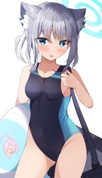 Rule 34 | 1girl, absurdres, animal ear fluff, animal ears, bag, black one-piece swimsuit, blue archive, blue eyes, breasts, commentary request, competition swimsuit, contrapposto, covered navel, cross hair ornament, extra ears, grey hair, hair ornament, halo, highres, hoshino (blue archive), innertube, kirisame oreo, low ponytail, medium breasts, medium hair, mismatched pupils, multicolored clothes, multicolored swimsuit, official alternate costume, one-piece swimsuit, shiroko (blue archive), shiroko (swimsuit) (blue archive), simple background, solo, swim ring, swimsuit, white background, wolf ears