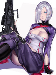 Rule 34 | 1girl, absurdres, arm support, ass, ass cutout, belt, black gloves, blue eyes, breasts, chaps, cleavage, cleavage cutout, clothing cutout, commentary request, crossed legs, crotch cutout, fingerless gloves, fingernails, girls&#039; frontline, gloves, gun, hair over one eye, head tilt, highres, kumiko shiba, lips, long sleeves, looking at viewer, machine gun, medium breasts, mg5, mg5 (girls&#039; frontline), nail polish, pale skin, parted lips, red nails, revealing clothes, short hair, sidelocks, silver hair, simple background, sitting, sitting on person, skindentation, solo, strapless, tube top, turtleneck, weapon, white background, wide sleeves