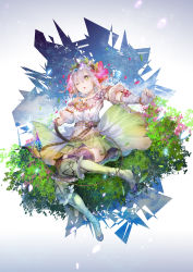 Rule 34 | 1girl, ;o, atelier (series), atelier sophie, bare shoulders, boots, female focus, flower, full body, gloves, green eyes, green footwear, green skirt, hair flower, hair ornament, highres, one eye closed, petals, plachta, shirt, short hair, silver hair, skirt, solo, symbol-shaped pupils, thigh boots, thighhighs, white gloves, white shirt, yuugen