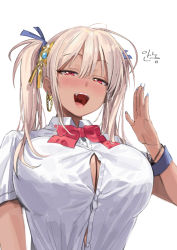 Rule 34 | 1girl, :d, ahoge, bow, bowtie, breasts, buttons, cleavage, collared shirt, dress shirt, earrings, fang, fingernails, freng, hair ornament, hair ribbon, half-closed eyes, hand up, jewelry, large breasts, long fingernails, long hair, looking at viewer, nail polish, open mouth, original, partially unbuttoned, red eyes, ribbon, shirt, short sleeves, silver hair, simple background, smile, solo, twintails, upper body, white background, white shirt, wristband