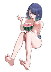 Rule 34 | 1girl, absurdres, aqua hair, barefoot, blue hair, bob cut, breasts, closed eyes, collarbone, commentary request, convenient arm, denim, denim shorts, derivative work, eating, feet, food, fruit, full body, gradient hair, highres, holding, holding food, holding fruit, holding spoon, knees together feet apart, knees up, kurokawa akane, medium breasts, medium hair, micro shorts, miuna (498475051), multicolored hair, nail polish, open mouth, oshi no ko, pink nails, shorts, simple background, sitting, soles, solo, spoon, swept bangs, toes, topless, watermelon, white background
