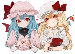 Rule 34 | 2girls, :&lt;, :t, ?, ??, alternate hair length, alternate hairstyle, artist name, bat wings, blonde hair, blue hair, blush, bow, commentary request, cropped torso, crystal, dress, embellished costume, flandre scarlet, floral print, gotou (nekocat), hand up, hat, hat bow, heart, highres, index finger raised, juliet sleeves, long hair, long sleeves, looking at viewer, mob cap, multiple girls, nail polish, open mouth, own hands together, pink dress, pink headwear, print sleeves, puffy short sleeves, puffy sleeves, red bow, red eyes, red nails, remilia scarlet, rose print, shirt, short sleeves, siblings, signature, simple background, sisters, smile, touhou, upper body, watermark, white background, white headwear, white shirt, wings, wrist cuffs