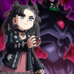 Rule 34 | 1girl, aqua eyes, arm at side, artist name, asymmetrical bangs, black choker, black hair, black jacket, black nails, child, choker, clenched hand, cloud, cloudy sky, collarbone, creatures (company), determined, dress, eyelashes, female focus, flat chest, game freak, gen 8 pokemon, giant, gigantamax, gigantamax grimmsnarl, grimmsnarl, hair ornament, highres, holding, holding poke ball, jacket, leather, leather jacket, long hair, long sleeves, looking afar, marnie (pokemon), nail polish, neck, nintendo, open clothes, open jacket, pale skin, pendant choker, pink dress, poke ball, pokemon, pokemon (creature), pokemon swsh, punk, rainbow (artist), size difference, sky, standing, twintails, undercut