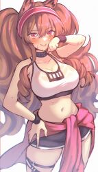 Rule 34 | 1girl, absurdres, angelina (arknights), animal ears, arknights, black choker, black shorts, blush, breasts, brown hair, choker, cleavage, commentary, cowboy shot, crop top, fox ears, hairband, hand on own hip, highres, infection monitor (arknights), large breasts, long hair, looking at viewer, midriff, navel, red eyes, red hairband, sher (imnotsher), short shorts, shorts, sidelocks, simple background, solo, sports bra, standing, stomach, sweat, thigh strap, thighs, twintails, very long hair, white background, wristband