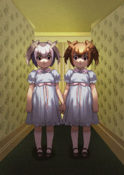 Rule 34 | 10s, 2girls, black footwear, blue dress, brown eyes, brown hair, closed mouth, collared dress, dress, eurasian eagle owl (kemono friends), film grain, grady sisters (the shining), grey hair, hallway, head wings, holding hands, horror (theme), indoors, kemono friends, kneehighs, looking at viewer, multicolored hair, multiple girls, northern white-faced owl (kemono friends), parody, pink ribbon, puffy short sleeves, puffy sleeves, ribbon, roonhee, sash, shaded face, shoes, short hair, short sleeves, siblings, socks, the shining, twins, two-tone hair, white legwear, wings