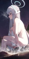 Rule 34 | 1girl, absurdres, blue archive, blurry, blurry foreground, blush, breasts, breath, cleavage, completely nude, feet out of frame, gnns, grey hair, halo, highres, holding, holding towel, large breasts, long hair, mechanical halo, navel, night, noa (blue archive), nude, onsen, outdoors, parted lips, purple eyes, sitting, solo, steam, towel, water, white towel