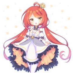 Rule 34 | 1girl, azur lane, cleavage cutout, clothing cutout, crown, detached sleeves, jersey (azur lane), long hair, looking at viewer, low twintails, open mouth, orange hair, pantyhose, ribbon, sakurato ototo shizuku, simple background, solo, star (symbol), starry background, twintails, white pantyhose, yellow eyes
