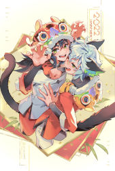 Rule 34 | 2boys, animal ears, arms up, bandaid, bandaid on face, bandaid on nose, black hair, black tail, cat ears, cat tail, chinese clothes, cropped legs, green eyes, highres, hood, hood down, hood up, long hair, luo xiaohei, luo xiaohei (human), luo xiaohei zhanji, medium hair, multiple boys, multiple persona, suncle, tail, white hair