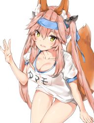 Rule 34 | 10s, 1girl, animal ear fluff, animal ears, blush, breasts, cleavage, collarbone, cowboy shot, fate/extra, fate (series), fox ears, fox tail, gym uniform, hair between eyes, hand up, headband, large breasts, leaning forward, long hair, looking at viewer, name tag, open mouth, pink hair, shirt, short sleeves, sidelocks, silver (chenwen), simple background, smile, solo, t-shirt, tail, tamamo (fate), tamamo no mae (fate/extra), thighs, white background, white shirt, yellow eyes