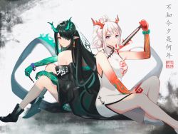 Rule 34 | 2girls, absurdres, aqua hair, arknights, back-to-back, bad id, bad pixiv id, bare legs, bead bracelet, beads, black footwear, black hair, black jacket, boots, bracelet, braid, breasts, china dress, chinese clothes, chinese commentary, closed mouth, colored skin, dragon horns, dragon tail, dress, dusk (arknights), earrings, folding fan, full body, green skin, grey background, hair between eyes, hair over one eye, hand fan, highres, holding, holding fan, holding paintbrush, horns, jacket, jewelry, l.v.c., long hair, looking at viewer, medium breasts, medium hair, multicolored hair, multicolored skin, multiple girls, nian (arknights), nian (unfettered freedom) (arknights), off shoulder, official alternate costume, paintbrush, pointy ears, ponytail, prayer beads, purple eyes, red eyes, red hair, red skin, shoes, side slit, sidelocks, silver hair, simple background, sitting, sleeveless, sleeveless dress, smile, straight hair, streaked hair, tail, tassel, tassel earrings, two-tone hair, white dress, white footwear