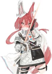 Rule 34 | 1girl, animal ears, arknights, black gloves, flametail (arknights), gauntlets, gloves, helmet, highres, holding, holding sword, holding weapon, long hair, looking at viewer, red eyes, red hair, simple background, solo, squirrel ears, squirrel girl, squirrel tail, suisogenshi, sword, tail, thigh strap, weapon, white background