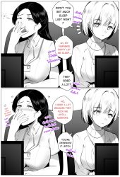 Rule 34 | 2girls, 2koma, bilingual, blush, breasts, comic, greyscale, highres, implied sex, incest, large breasts, long hair, meow7tail, mixed-language text, monochrome, multiple girls, one eye closed, open mouth, original, rubbing eyes, short hair, sleepy, speech bubble, squeans, yawning