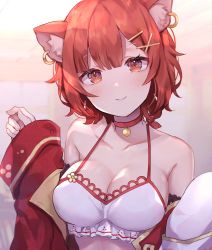 Rule 34 | 1girl, animal ear fluff, animal ears, bare shoulders, blush, breasts, choker, cleavage, closed mouth, collarbone, crop top, earrings, expressionless, frills, hair ornament, hairclip, halterneck, head tilt, highres, jacket, jewelry, large breasts, long sleeves, looking at viewer, nijisanji, off shoulder, open clothes, open jacket, orange eyes, orange hair, ratna petit, red choker, red jacket, shade, shirt, short hair, simple background, sleeveless, sleeveless shirt, smile, solo, spaghetti strap, tnk319, upper body, virtual youtuber, white background, white shirt, x hair ornament