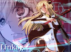 Rule 34 | 1girl, artist name, blonde hair, blood, blood on face, brown necktie, character name, clenched teeth, collared dress, dress, duel monster, fumio (fumifumi), green eyes, heterochromia, highres, holding, holding sword, holding weapon, long hair, long sleeves, necktie, red eyes, sky striker ace - raye, solo, sword, teeth, thighhighs, torn clothes, torn thighhighs, two-tone dress, weapon, yu-gi-oh!