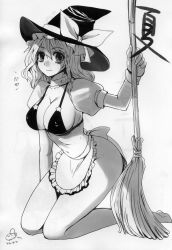 Rule 34 | 1girl, adapted costume, apron, bamboo broom, barefoot, bikini, bikini top only, black bikini, bow, braid, breasts, broom, choker, cleavage, collarbone, covered erect nipples, doru riheko, eyelashes, female focus, fingernails, frilled apron, frills, greyscale, hair ornament, hat, hat bow, highres, kirisame marisa, kneeling, large breasts, legs, looking at viewer, midriff, monochrome, naked apron, navel, no panties, non-web source, puffy short sleeves, puffy sleeves, scan, short hair, short sleeves, simple background, single braid, smile, solo, star (symbol), swimsuit, tareme, thighs, touhou, wide hips, witch, witch hat, wrist cuffs