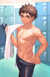 Rule 34 | 1boy, abs, arena (company), black jammers, black male swimwear, brown eyes, brown hair, closed mouth, competition swimsuit, highres, jammers, jammers pull, legskin, locker, locker room, looking at viewer, male focus, male swimwear, male swimwear pull, navel, nayoshi (r-744), nipples, one-piece swimsuit, original, pulling own clothes, short hair, solo, swimsuit, tan, tanline, toned, toned male, topless male, towel, towel on one shoulder