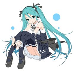 Rule 34 | 1girl, aqua eyes, aqua hair, bare shoulders, black dress, black sleeves, black thighhighs, commentary, detached sleeves, dress, frilled sleeves, frilled thighhighs, frills, hair ribbon, hatsune miku, headphones, high heels, knees up, lace, lace-trimmed dress, lace trim, long hair, looking at viewer, mary janes, ribbon, shoes, shoulder tattoo, sitting, sleeveless, sleeveless dress, smile, solo, soukun s, suspenders, tattoo, thighhighs, twintails, very long hair, vocaloid, lat model (mikumikudance), white background
