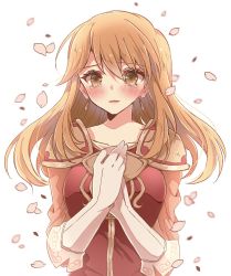 Rule 34 | 1girl, armor, blush, brown hair, collarbone, crying, crying with eyes open, earrings, fire emblem, fire emblem: genealogy of the holy war, floating hair, highres, jewelry, lachesis (fire emblem), long hair, nintendo, open mouth, own hands together, petals, red shirt, shirt, shoulder armor, solo, sui (aruko91), tears, upper body