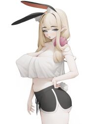 1girl animal_ear_fluff animal_ears ass blonde_hair blue_eyes blush breasts cleavage covered_erect_nipples cowboy_shot crop_top extra_ears hair_over_shoulder hand_on_own_hip highres huge_breasts long_hair midriff mole mole_under_eye original parted_lips pointy_ears rabbit_(wlsdnjs950) rabbit_ears rabbit_girl rabbit_tail short_shorts shorts simple_background solo strap_slip tail white_background