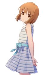 Rule 34 | 1girl, arms behind back, blue bow, blush, bob cut, bow, breasts, brown eyes, brown hair, buchi (y0u0ri ), closed mouth, cowboy shot, dot nose, dress, from side, hagiwara yukiho, idolmaster, idolmaster (classic), idolmaster million live!, idolmaster million live! theater days, looking at viewer, medium breasts, short hair, simple background, sleeveless, sleeveless dress, smile, solo, standing, striped clothes, striped dress, waist bow, white background, white dress