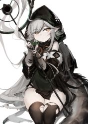 Rule 34 | 1girl, 7gao, absurdres, arknights, bare shoulders, black dress, black thighhighs, crocodilian tail, detached sleeves, dress, grey hair, highres, holding, holding staff, hood, large tail, long hair, long sleeves, looking at viewer, pelvic curtain, short dress, simple background, sitting, solo, staff, tail, thighhighs, thighs, tomimi (arknights), torn clothes, torn thighhighs, very long hair, white background