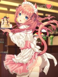 Rule 34 | 1girl, animal ears, apron, ass, blue eyes, blush, bow, braid, breasts, cat ears, cat tail, commentary request, cowboy shot, dress, food, frills, fruit, hair between eyes, hair bow, hair ornament, holding, long hair, long sleeves, looking at viewer, looking back, maid, maid apron, maid headdress, medium breasts, omelet, omurice, open mouth, original, pancake, pancake stack, puffy sleeves, smile, solo, standing, strawberry, syrup, tail, thighhighs, toujou mina, tray, white thighhighs