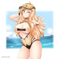 Rule 34 | 1girl, blonde hair, breasts, cleavage, fire emblem, fire emblem fates, grey eyes, grin, hayato stuff, highres, large breasts, long hair, looking at viewer, nintendo, ocean, one-piece swimsuit, one eye closed, ophelia (fire emblem), outstretched arm, reaching, reaching towards viewer, smile, swimsuit, underboob, visor cap, yellow one-piece swimsuit
