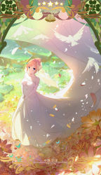 Rule 34 | 1girl, bare shoulders, bell, bird, blue butterfly, blue eyes, blush, breasts, bridal veil, bug, butterfly, card (medium), card parody, character name, clover, collarbone, commentary request, copyright name, craft essence (fate), dress, elbow gloves, falling feathers, falling petals, fate (series), feathers, field, flower, flower field, flying, four-leaf clover, from above, full body, gloves, go-toubun no hanayome, hair bun, hair flower, hair ornament, hair ribbon, highres, insect, large breasts, long dress, looking at viewer, nakano yotsuba, orange hair, own hands together, parody, parted bangs, petals, pigeon, pink flower, pixiv id, ribbon, rose, sidelocks, single hair bun, smile, solo, standing, star (symbol), strapless, strapless dress, translated, veil, watermark, web address, wedding dress, white dress, white gloves, yijian ma