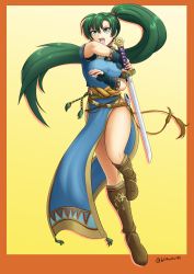 Rule 34 | 1girl, absurdres, asymmetrical bangs, blue dress, blue gloves, boots, breasts, brown footwear, dress, fingerless gloves, fire emblem, fire emblem: the blazing blade, full body, gloves, green eyes, green hair, highres, katana, long hair, lyn (fire emblem), medium breasts, nintendo, open mouth, orange background, pelvic curtain, ponytail, scabbard, sheath, short sleeves, side slit, solo, sword, thighs, twitter username, two-tone background, unsheathed, very long hair, weapon, will (willanator93), yellow background